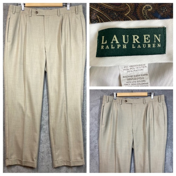 Lauren Ralph Lauren Slacks Men's 36x32 (29L) Beige Poly Rayon Pleat Front Cuffed - Picture 1 of 14